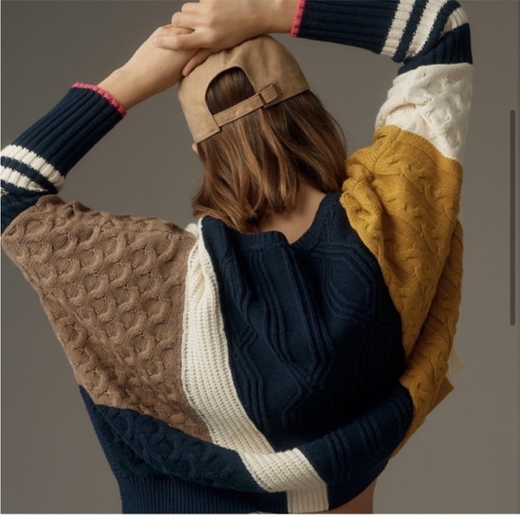 Anthropologie Maeve Colorblock Cable Knit Sweater XS Preppy - Picture 5 of 8